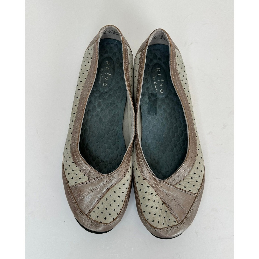 Privo by Clarks Womens Bronze Cream Perforated Leather Flats 10M Walking Outdoor